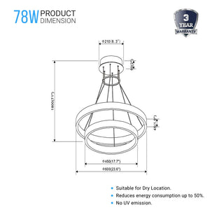 2-Ring, Modern LED Chandelier, 78W, 120V, 3000K, 3985LM, Dimmable