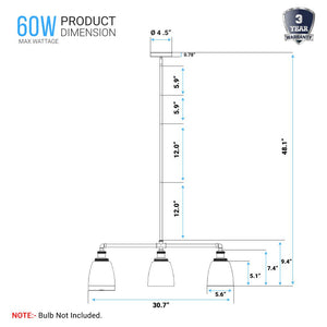 3-Lights Bell Shape Kitchen Island Pendant Lighting, Clear Glass Shade, E26 Base, UL Listed