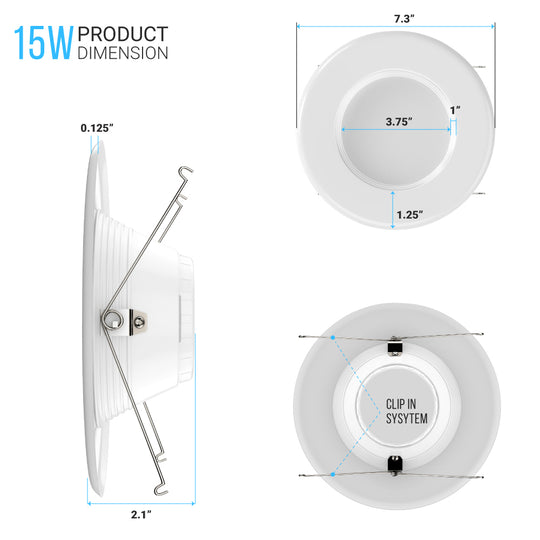 5/6 inch Dimmable LED Downlights / Can Lights, 1100 Lumens, Recessed Ceiling Light Fixture, 15W CRI90+