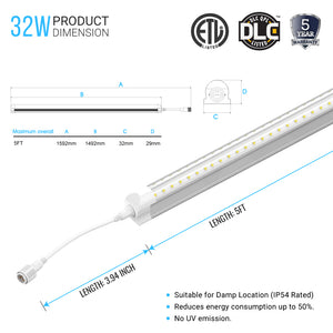 T8 5ft LED Freezer/Cooler Tube Light, V Shape, 32W 5000K, Clear, Refrigerator LED Light - Walk-in Cooler Light