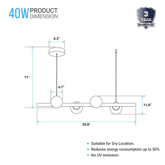 Matte Black, 4-Lights, LED Linear Chandeliers,  40W, 3000K, Pendant Mounting, Dimmable