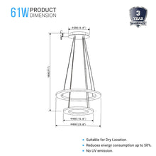 Load image into Gallery viewer, 2-Ring LED Chandelier, 61W, 3000K-6500K, 2241LM, Dimmable, Matte black Body Finish, Diameter 34.9&#39;&#39;×0.4&#39;&#39;×71&#39;&#39;