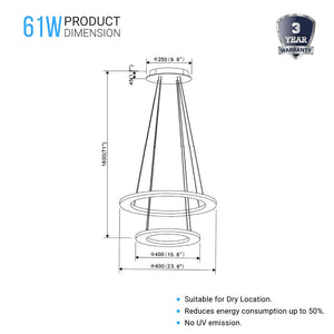 2-Ring LED Chandelier, 61W, 3000K-6500K, 2241LM, Dimmable, Matte black Body Finish, Diameter 34.9''×0.4''×71''