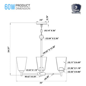 Flared Shape Chandelier Lighting Fixture with Clear Glass Shades, E26 Base, UL Listed for Damp Location, 3 Years Warranty