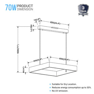 1-Light, Square Chandelier Lighting in Brushed Brown Body Finish, 70W, 3000K(warm white), 5200LM, Dimmable, 3 Years Warranty