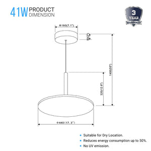 Round Plate Pendant Light, 41W, 3000K, 2225LM, Diameter 17.3" x 55"H, Dimmable, Pendant Mounting