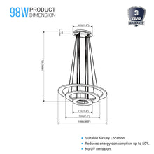 Load image into Gallery viewer, 3-Ring, Modern Pendant Chandelier, 98W, 3000K-6500K, 3928LM, Dimmable, Aluminum Body Finish