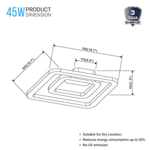 Bright White - Indoor Square Ceiling Lights - 45W - 3000K-6500K - 2250LM - Dimmable - Simple Close to Ceiling Fixtures - 2- Square Shape