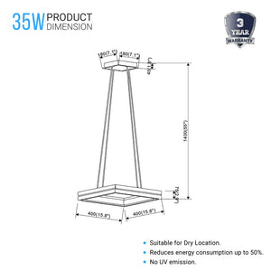 Square Metal and Wood Chandelier Light, 35W, 3000K (Warm White), 836 Lumens, Dimmable, Matte Black + Wood Body Finish