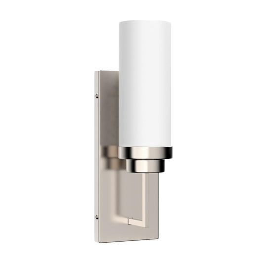 1-Light Wall Sconce Lighting Fixture, Brushed Nickel with Opal Glass Shade, Cylinder Shape