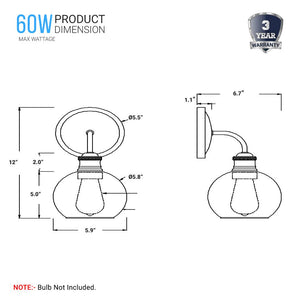 1-Light Dome Shape Wall Sconce Light with Clear Glass, Brushed Nickel Finish, E26 Base, UL Listed for Damp Location, 3 Years Warranty