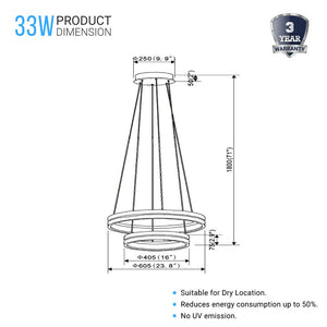 Double Circle Chandelier, 78W, 3000K, 1501 Lumens, Wooden + Matte Black Chandelier, Dimmable Pendant Fixture