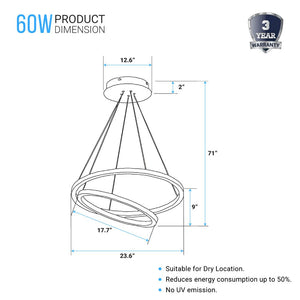 2-Ring, Circular LED Chandelier, 60W, 3000K, 2800LM, Dimmable, 3 Years Warranty