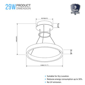 1-Ring, Modern Nature White LED Pendant Light, 29W, 3000K, 1532LM, Dimmable, Diameter 17.7''×55''