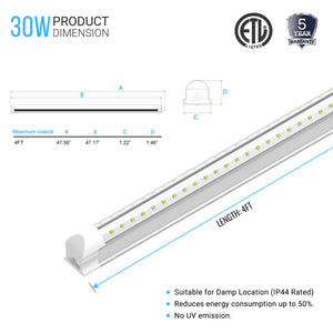 T8 4ft V Shape LED Tube 30W Integrated 6500k Clear 4000 Lumens