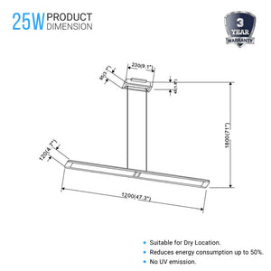 LED PMMA flat Island Pendant Light, 25W, 3000K, 1250LM, Dimmable, Kitchen or Dinning area Lights, Brushed brown Body Finish