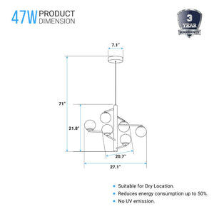 6-Lights, Chandelier, 47W, 3000K, Matte Black Body Finish, Dimmable