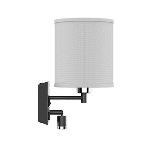 Bedside Wall Lamp Light with LED Reading Wall Light, 1 USB, 2 Switches, 1 Power Outlet, Black Finish and White Fabric Shade