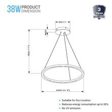 Load image into Gallery viewer, LED Ring Chandelier, 1-Ring, 38W, 3000K, 1512LM, Dimmable, Diameter 23.6&#39;&#39;×71&#39;&#39;