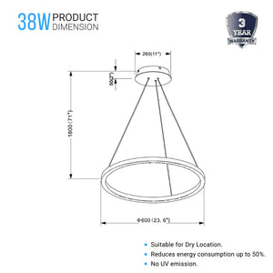 LED Ring Chandelier, 1-Ring, 38W, 3000K, 1512LM, Dimmable, Diameter 23.6''×71''