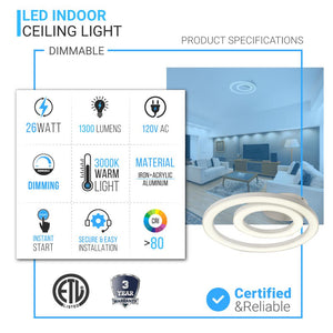 Bright White - Indoor LED Ceiling Lights - 26W - 3000K-6500K - 1300LM - Dimmable - Simple Close to Ceiling Fixtures - 2-Ring Shape