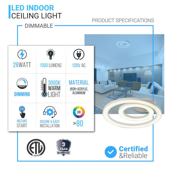 Bright White - Indoor LED Ceiling Lights - 26W - 3000K-6500K - 1300LM - Dimmable - Simple Close to Ceiling Fixtures - 2-Ring Shape