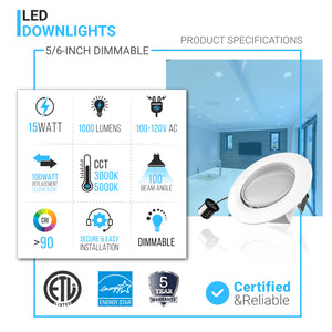 5/6-inch LED Eyeball Dimmable Downlight, 15W, Recessed Ceiling Light Fixture