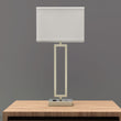 Load image into Gallery viewer, 28&quot; Desk Lamp with USB Port and Outlet, Brushed Nickel Finish and Rectangular White Linen Shade, On/Off Switch