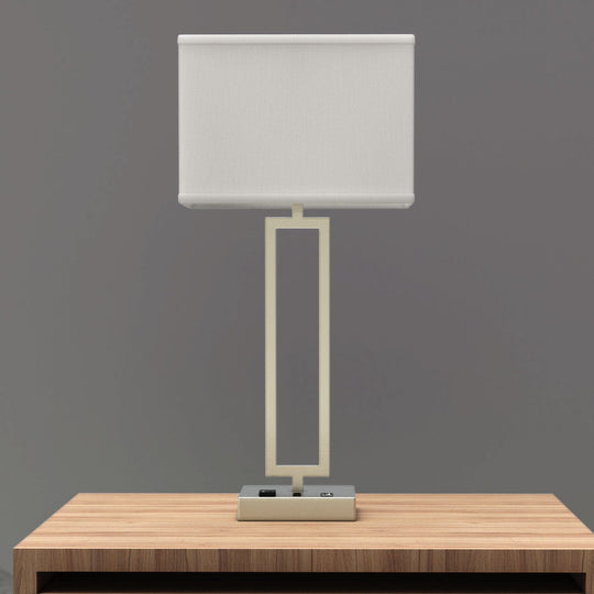 28" Desk Lamp with USB Port and Outlet, Brushed Nickel Finish and Rectangular White Linen Shade, On/Off Switch