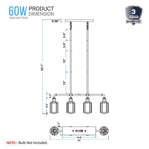 4-Lights Linear Pendant Light with Clear Glass Shades, Matte Black Finish, UL Listed for Damp Location, E26 Base