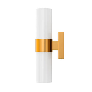 2-Lights Wall Sconce with White Glass Shades, Brushed Brass Finish