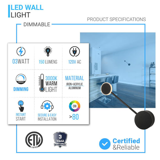 LED Wall Sconces in Matte Black Body Finish - 3W/head - 3000K - 150LM/head - Integrated Led Light Combination - Dimmable