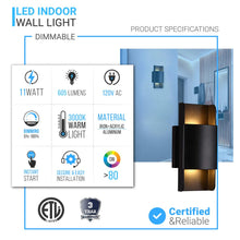 Load image into Gallery viewer, Indoor Wall Sconces, 11W, 3000K (Warm White), CRI: 80+, Dimmable. Living Room Wall Lighting