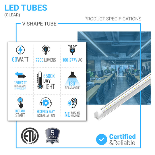 T8 8ft V Shape LED Tube 60W Integrated 6500k Clear