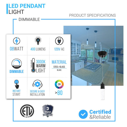 8W Dimmable LED Pendant Ceiling Light, 3000K (Warm White), Seedy Glass Shade, Dimmable, 400 Lumens, ETL Listed