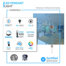 Load image into Gallery viewer, 8W Dimmable LED Pendant Ceiling Light, 3000K (Warm White), Seedy Glass Shade, Dimmable, 400 Lumens, ETL Listed