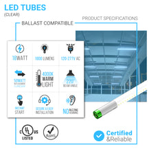 Load image into Gallery viewer, T8 4ft 18W LED Tube Glass 4000K Clear Plug N Play (Check Compatibility List; Not Compatible with all ballasts)