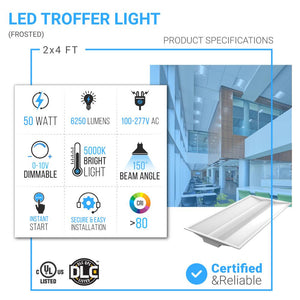 2x4 LED Troffer Light Fixtures, 50W, 5000K, Dimmable, Recessed Light Fixtures‎ For Offices, Hallways, 2-Pack