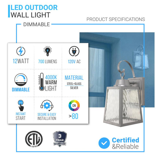 12W LED Outdoor Wall Lantern Fixture with Water Glass Shade, 4000K (Cool White), Dimmable, ETL Listed