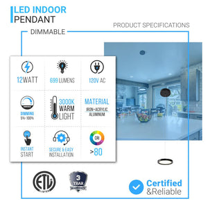 Disk Architectural, LED 5.5 Inch Round Pendant Mount Direct Down Light Fixture, 12W, 3000K, Dimmable