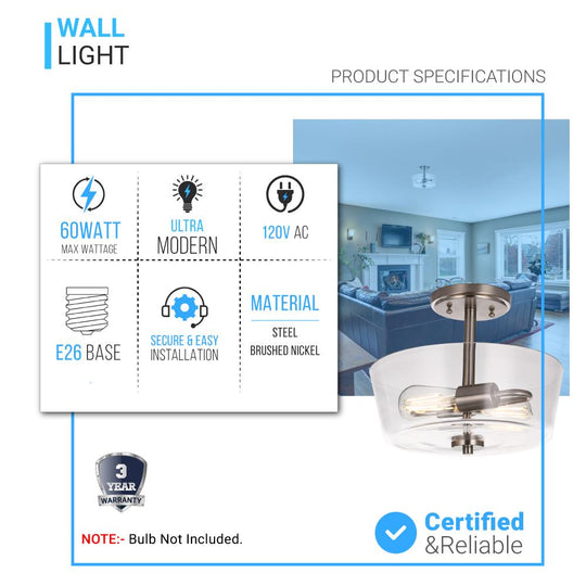 2-Lights Semi-Flush Mount Ceiling Lights, E26 Base, Round, UL Listed for Damp Location, 3 Years Warranty