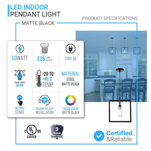 Square Shape Matte Black Pendant Light Fixture, E26 Base, UL Listed for Dry Location