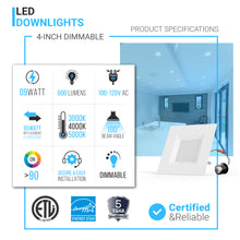Load image into Gallery viewer, 4-inch Dimmable LED Square Downlights, Recessed Ceiling Light Fixture, 9W, Kitchen Lights