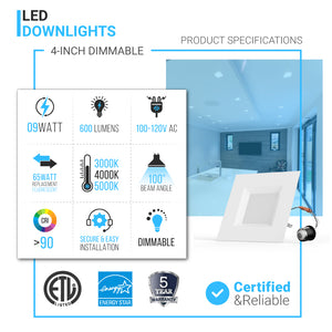 4-inch Dimmable LED Square Downlights, Recessed Ceiling Light Fixture, 9W, Kitchen Lights