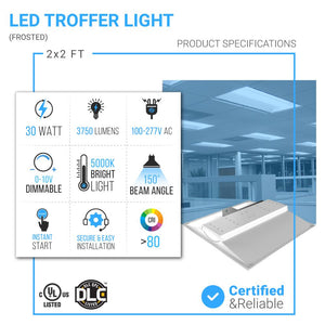 2x2 LED Troffer Light Fixtures, 30W - 5000K, Commercial Grade Recessed Troffer - Dimmable 2-Pack