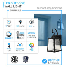 Load image into Gallery viewer, 12W LED Outdoor Wall Lantern Fixture with Water Glass Shade, 4000K (Cool White), Dimmable, ETL Listed
