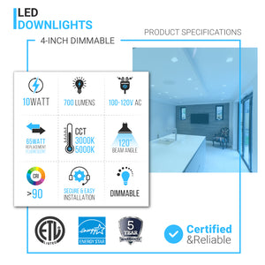 4-inch LED Eyeball Dimmable Downlight, Recessed Ceiling Light Fixture, 10W, 740 Lumens, Commercial Downlights
