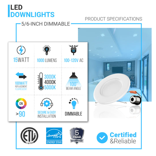 5/6 inch Dimmable LED Downlights / Can Lights, 1100 Lumens, Recessed Ceiling Light Fixture, 15W CRI90+
