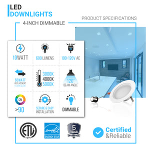 4 inch LED Downlights / Can Lights, Dimmable, Recessed Ceiling Light Fixture, 10W, Retrofit, CRI 90+