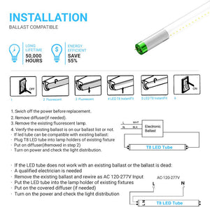 T8 4ft LED Glass Tubes ; 18W 4000K; Single Ended Power ; Frosted